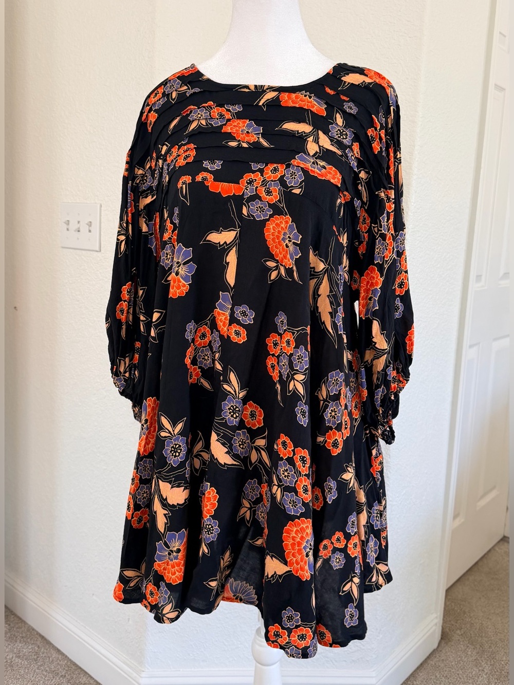 Free People Edie Printed Open Back Tunic Mini Dress Black Floral Size M